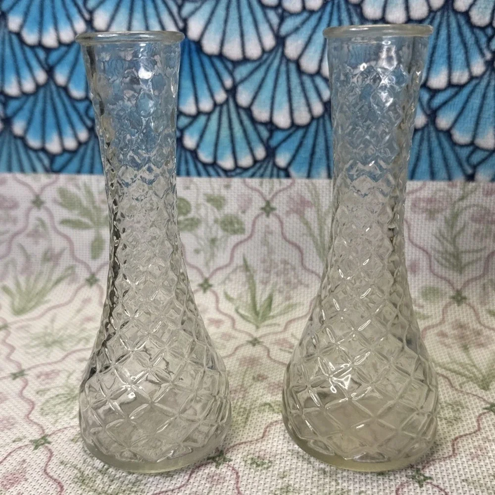 Vintage Clear Glass Diamond Cut Bud Vases Set of 2 Textured 6
